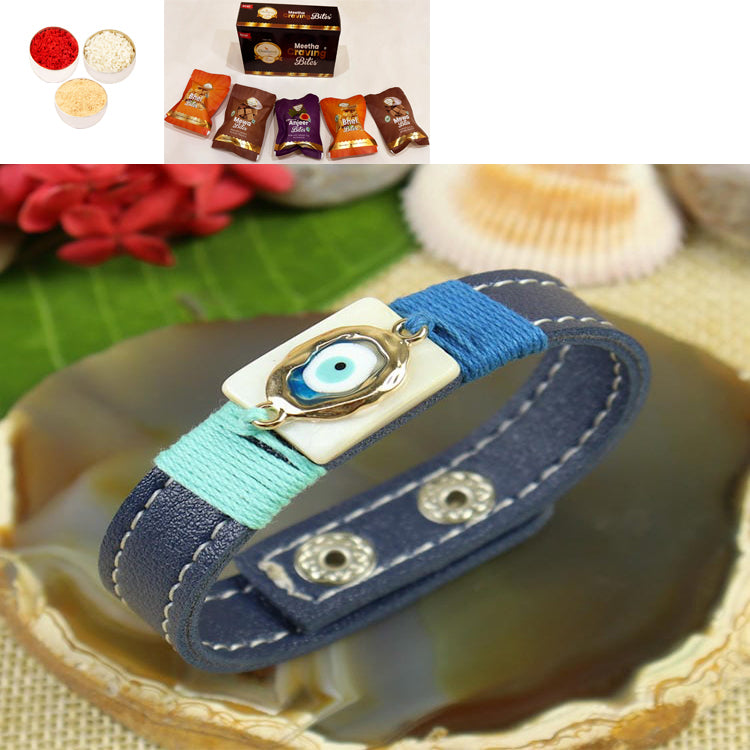 Rakhis Online UK-PRK25-012-Mother of Pearl With Evil Eye Band Premium Rakhi with Asorted bites box