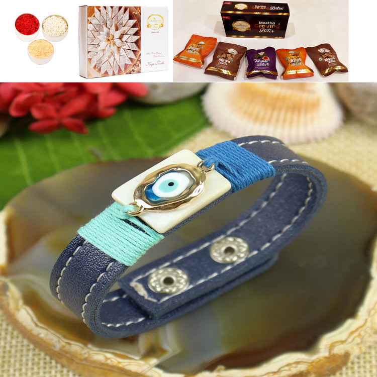 PRK25-012-Mother of Pearl With Evil Eye Band Premium Rakhi with Asorted bites box and 200 gms of Kaju katli