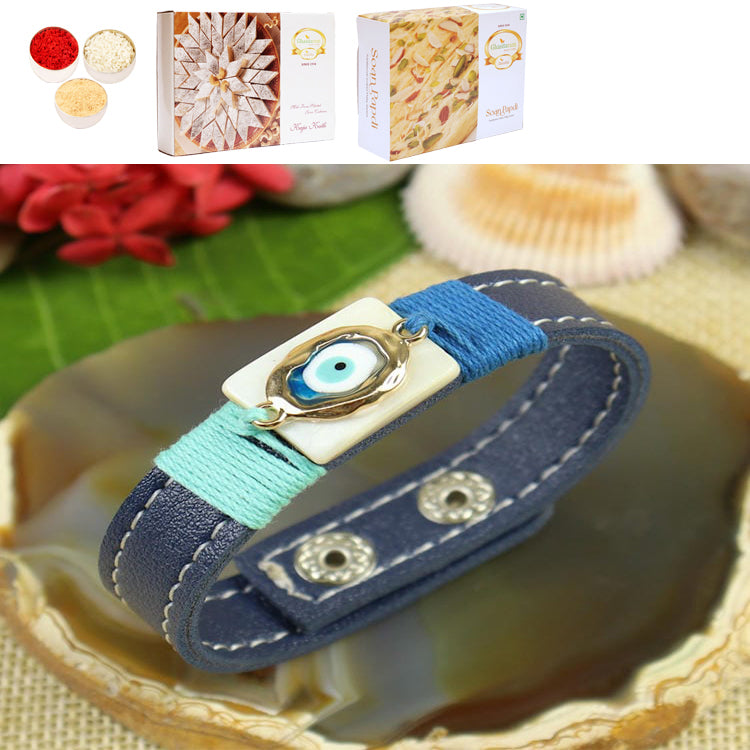 PRK25-012-Mother of Pearl With Evil Eye Band Premium Rakhi with 200 gms of Kaju katli and 200 gms of Soan Papdi