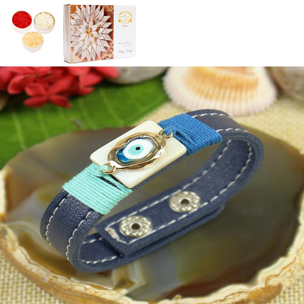 Rakhis Online Australia-PRK25-012-Mother of Pearl With Evil Eye Band Premium Rakhi with 200 gms of Kaju katli