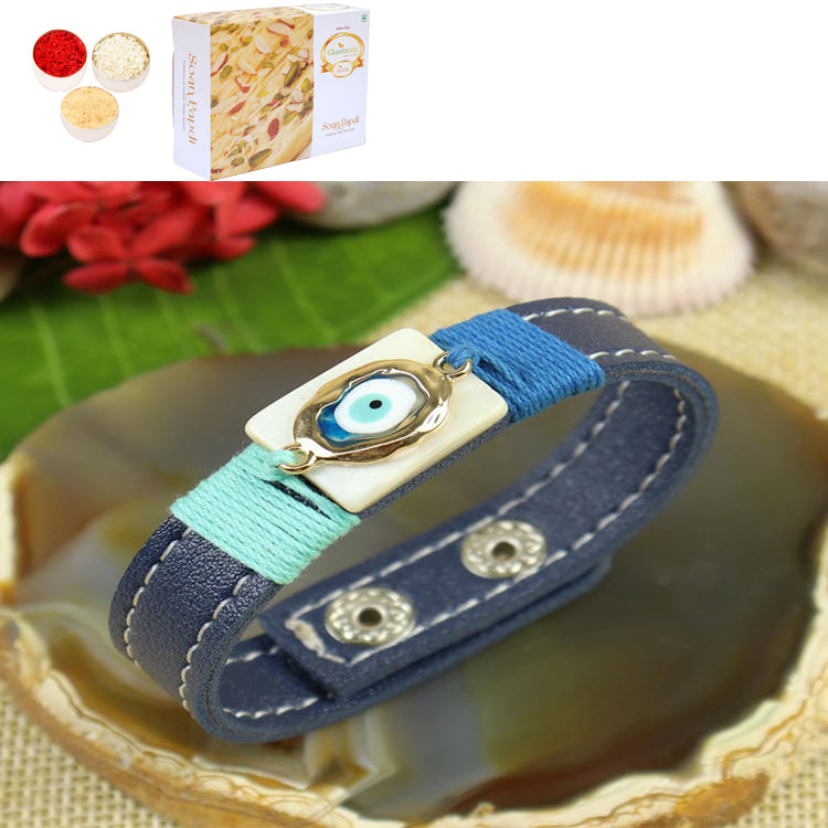 Rakhis Online UK-PRK25-012-Mother of Pearl With Evil Eye Band Premium Rakhi with 200 gms of Soan Papdi