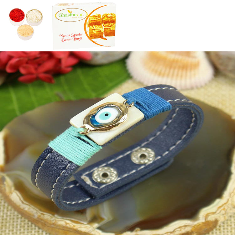 Rakhis Online UK-PRK25-012-Mother of Pearl With Evil Eye Band Premium Rakhi with 200 gms of Besan Barfi