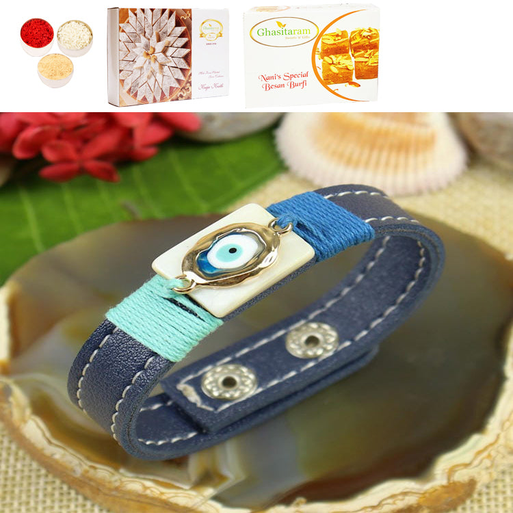 PRK25-012-Mother of Pearl With Evil Eye Band Premium Rakhi with 200 gms of Besan Barfi and 200 gms of Kaju Katli