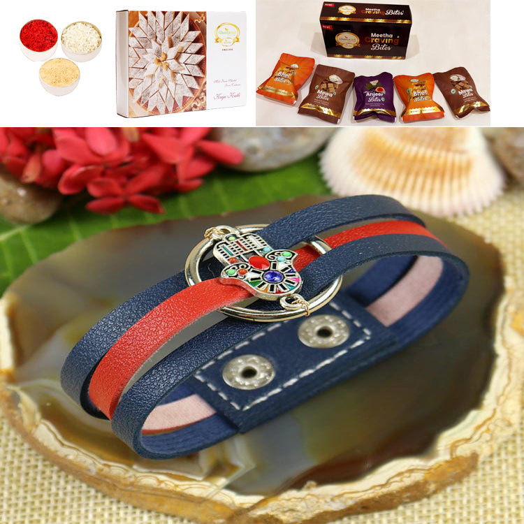 PRK25-017-Hamsa Band Premium Rakhi with Asorted bites box and 200 gms of Kaju katli