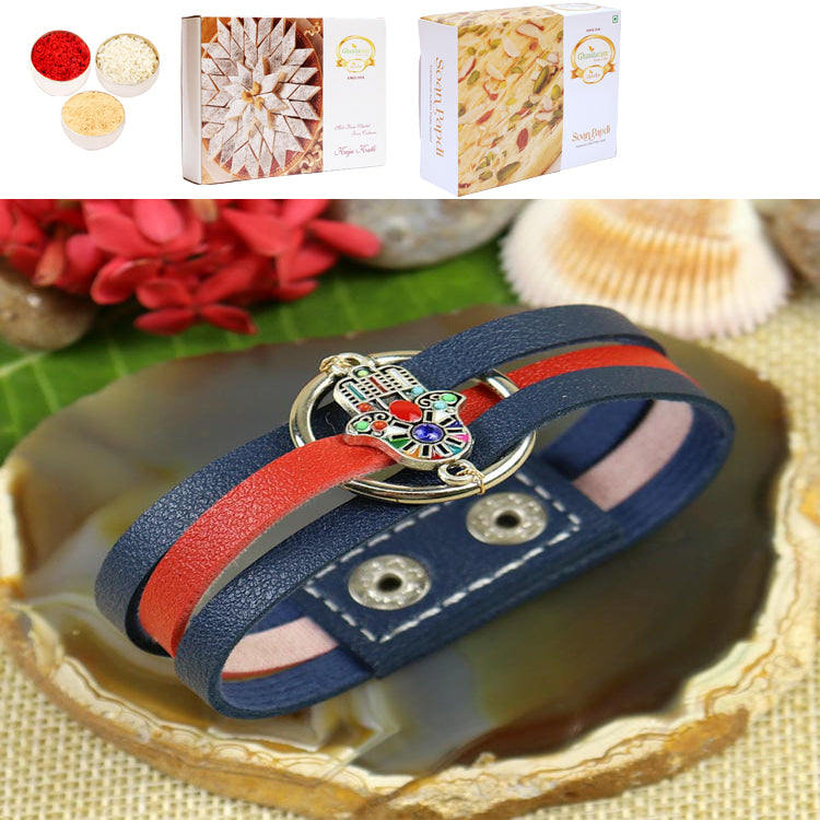PRK25-017-Hamsa Band Premium Rakhi with 200 gms of Kaju katli and 200 gms of Soan Papdi