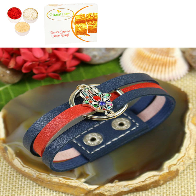 Rakhis Online Australia-PRK25-017-Hamsa Band Premium Rakhi with 200 gms of Besan Barfi