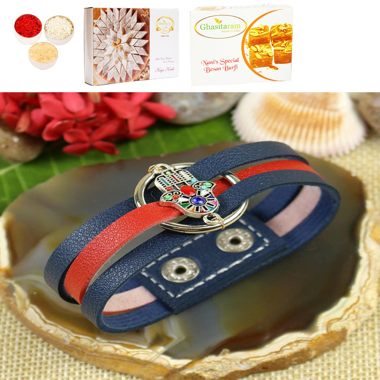 PRK25-017-Hamsa Band Premium Rakhi with 200 gms of Besan Barfi and 200 gms of Kaju Katli