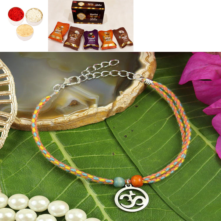 Rakhis Online USA-PRK25-021-Stainless Steel Om Bracelet Premium Rakhi with Asorted bites box
