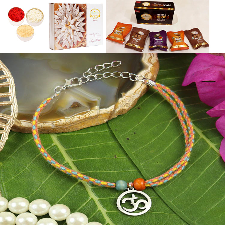 PRK25-021-Stainless Steel Om Bracelet Premium Rakhi with Asorted bites box and 200 gms of Kaju katli