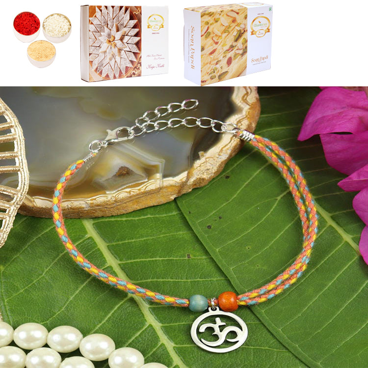 PRK25-021-Stainless Steel Om Bracelet Premium Rakhi with 200 gms of Kaju katli and 200 gms of Soan Papdi