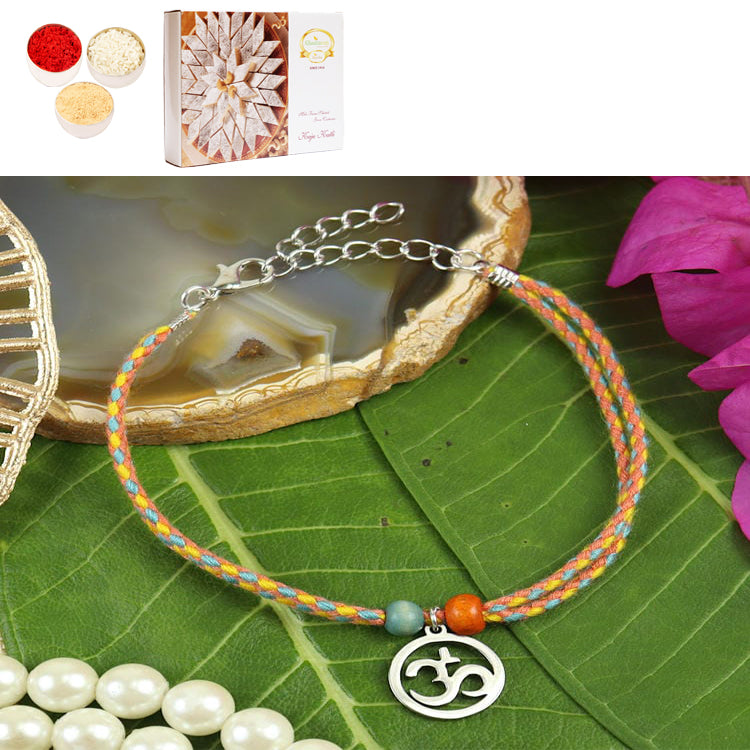 Rakhis Online USA-PRK25-021-Stainless Steel Om Bracelet Premium Rakhi with 200 gms of Kaju katli