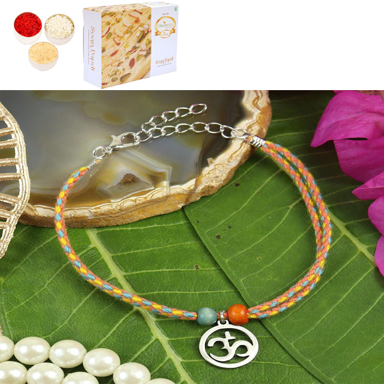 Rakhis Online USA-PRK25-021-Stainless Steel Om Bracelet Premium Rakhi with 200 gms of Soan Papdi