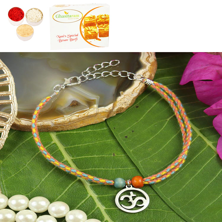 Rakhis Online Australia-PRK25-021-Stainless Steel Om Bracelet Premium Rakhi with 200 gms of Besan Barfi