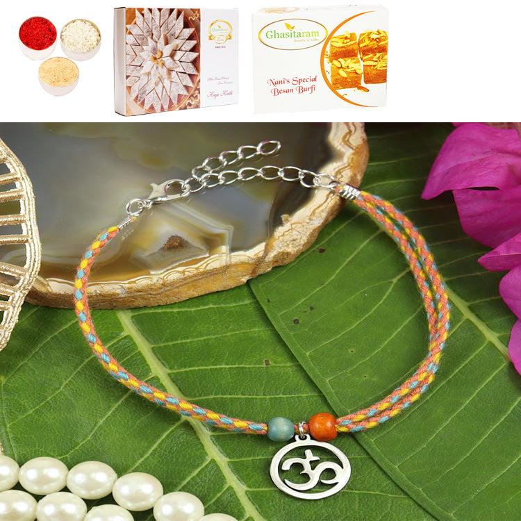 PRK25-021-Stainless Steel Om Bracelet Premium Rakhi with 200 gms of Besan Barfi and 200 gms of Kaju Katli