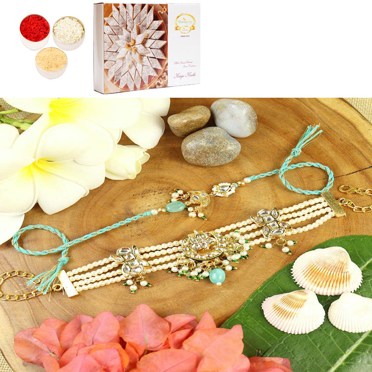 BRS25-007-Heavy Kundan Bracelet & Rakhi Bhaiya Bhabhi Rakhis with 400 gms of Kaju katli