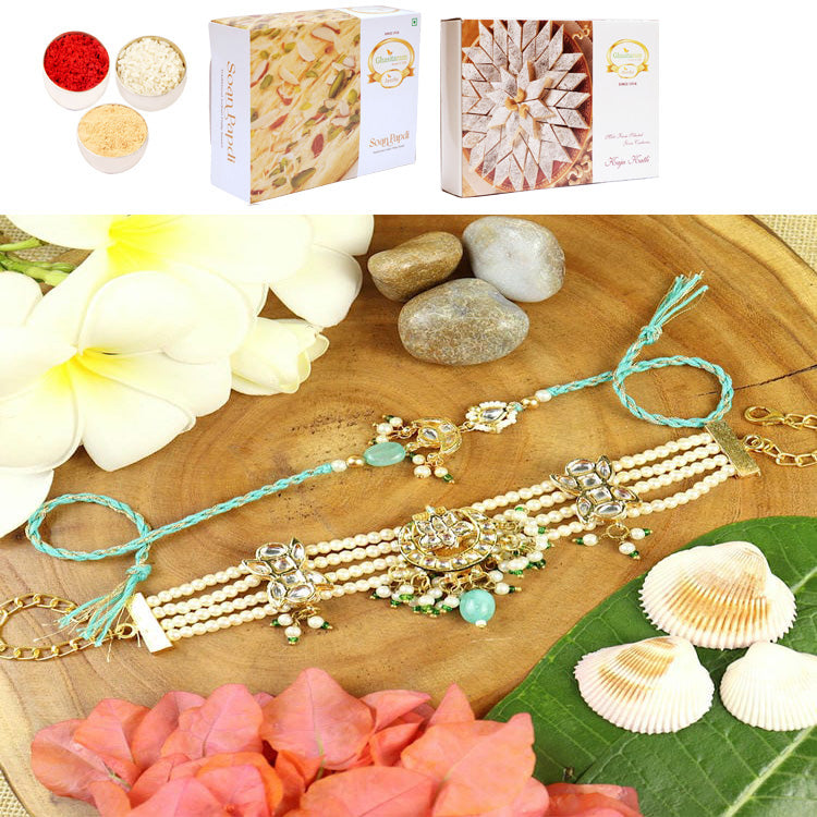 BRS25-007-Heavy Kundan Bracelet & Rakhi Bhaiya Bhabhi Rakhis with 200 gms of Kaju katli and 200 gms of Soan Papdi