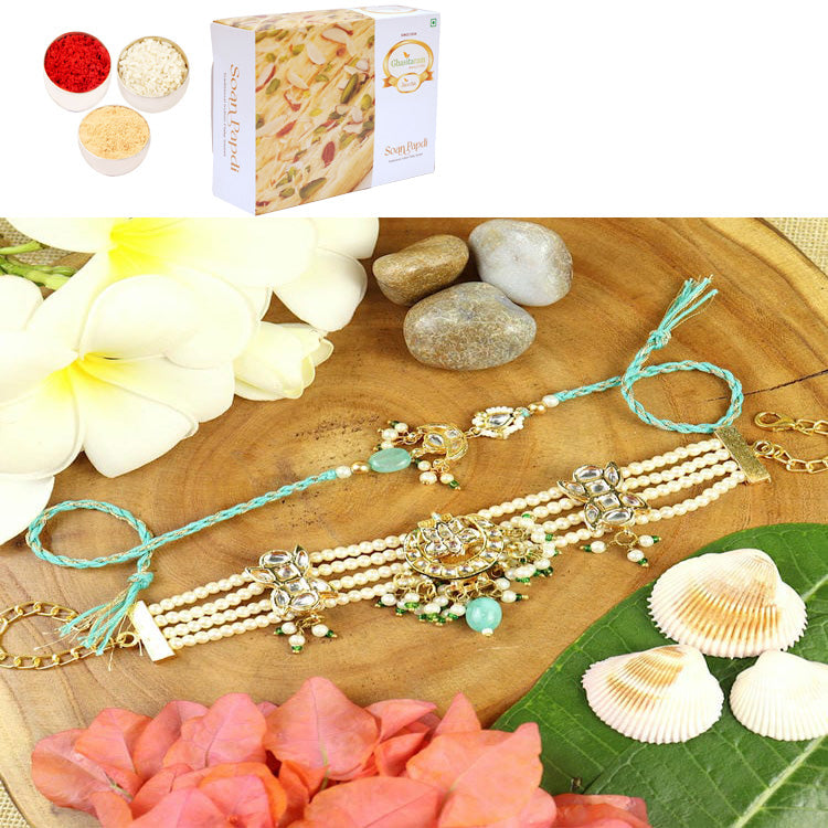 BRS25-007-Heavy Kundan Bracelet & Rakhi Bhaiya Bhabhi Rakhis with 400 gms of Soan Papdi