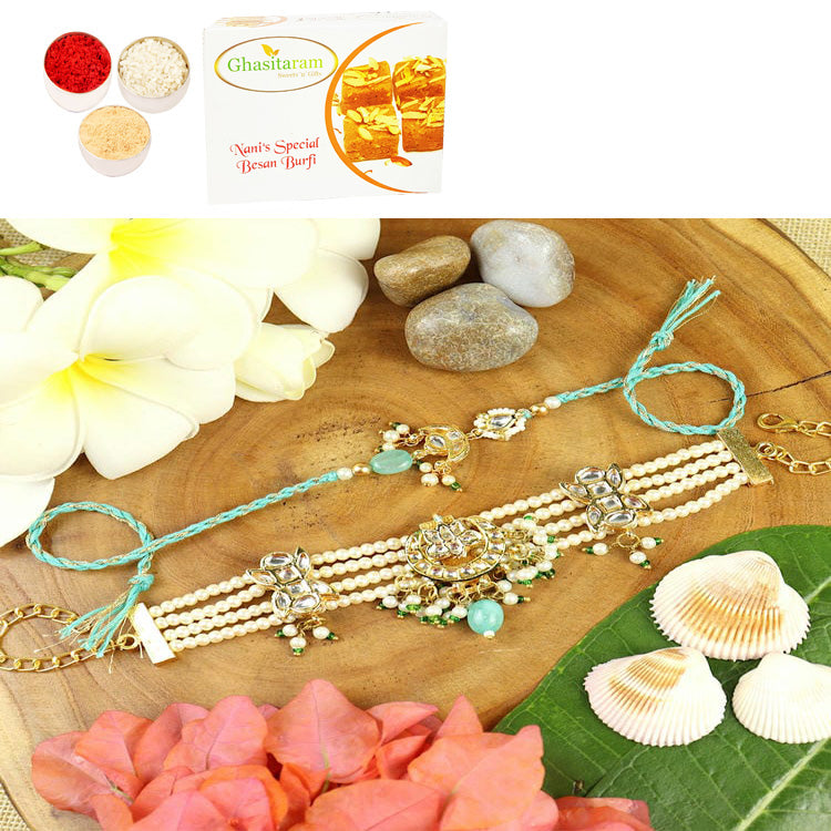 Rakhis online UK -BRS25-007-Heavy Kundan Bracelet & Rakhi Bhaiya Bhabhi Rakhis with 200 gms of Besan Barfi