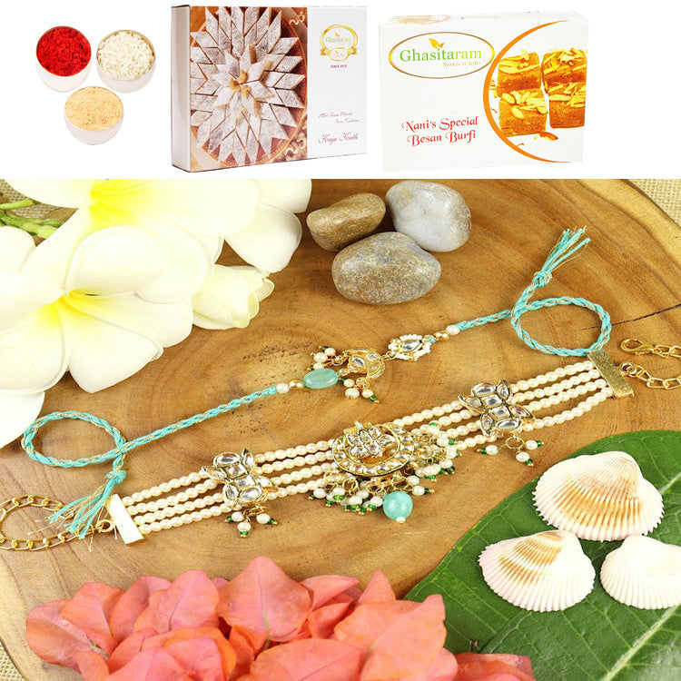 BRS25-007-Heavy Kundan Bracelet & Rakhi Bhaiya Bhabhi Rakhis with 200 gms of Besan Barfi and 200 gms of Kaju Katli