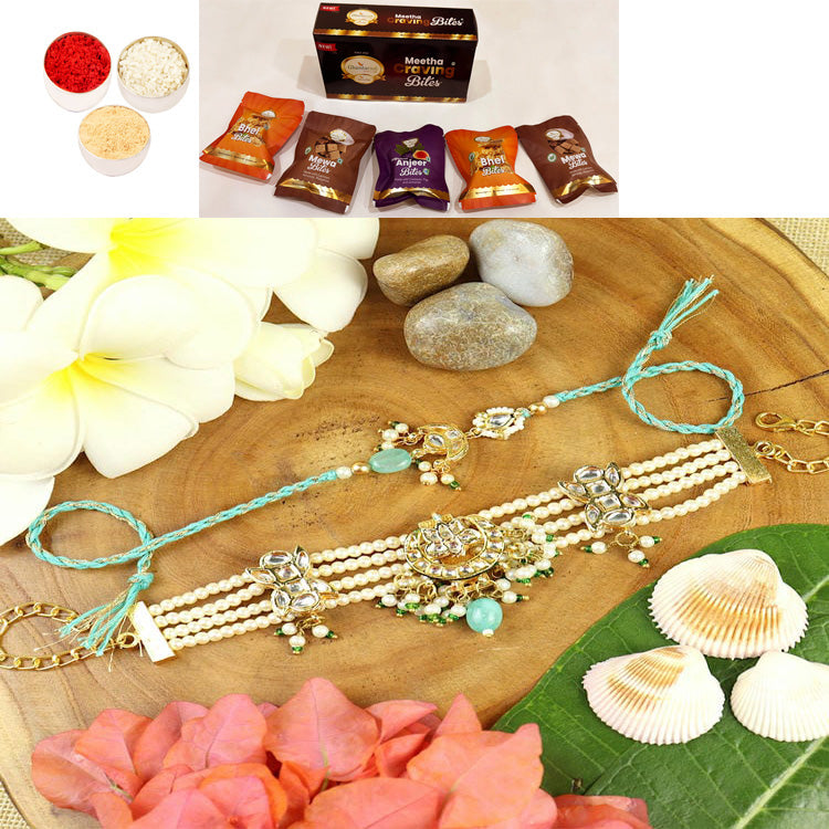 Rakhis online UK -BRS25-007-Heavy Kundan Bracelet & Rakhi Bhaiya Bhabhi Rakhis with Asorted bites box