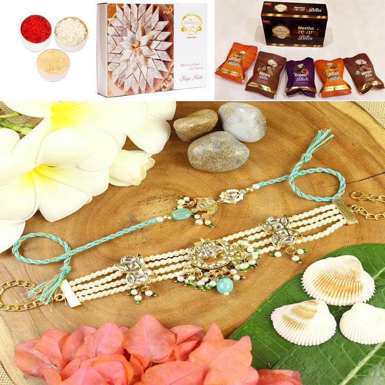 BRS25-007-Heavy Kundan Bracelet & Rakhi Bhaiya Bhabhi Rakhis with Asorted bites box and 200 gms of Kaju katli