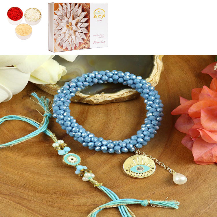 BRS25-024-Hand Woven Crystal Evil Eye Bracelet Bhaiya Bhabhi Rakhis with 400 gms of Kaju katli
