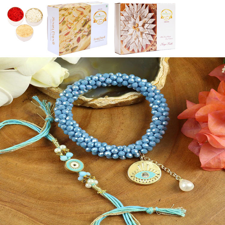 BRS25-024-Hand Woven Crystal Evil Eye Bracelet Bhaiya Bhabhi Rakhis with 200 gms of Kaju katli and 200 gms of Soan Papdi