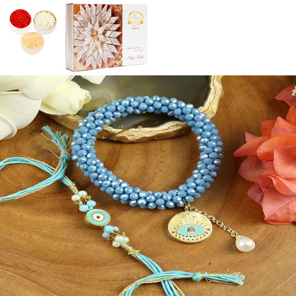 Rakhis online UK -BRS25-024-Hand Woven Crystal Evil Eye Bracelet Bhaiya Bhabhi Rakhis with 200 gms of Kaju katli