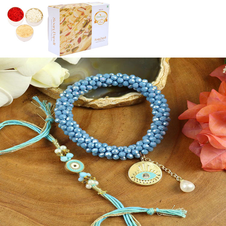 BRS25-024-Hand Woven Crystal Evil Eye Bracelet Bhaiya Bhabhi Rakhis with 400 gms of Soan Papdi