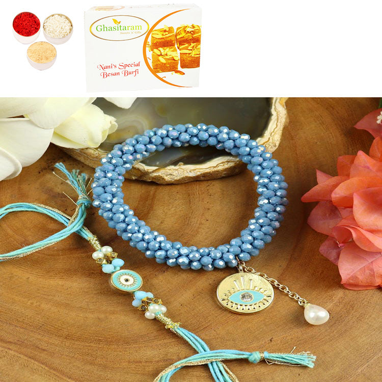 Rakhis Online Australia -BRS25-024-Hand Woven Crystal Evil Eye Bracelet Bhaiya Bhabhi Rakhis with 200 gms of Besan Barfi