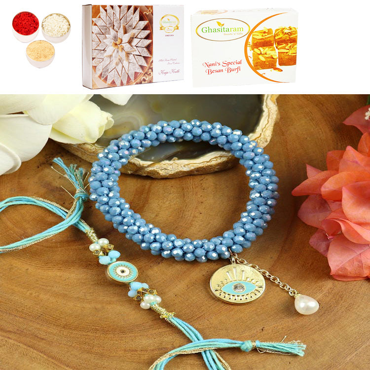 BRS25-024-Hand Woven Crystal Evil Eye Bracelet Bhaiya Bhabhi Rakhis with 200 gms of Besan Barfi and 200 gms of Kaju Katli