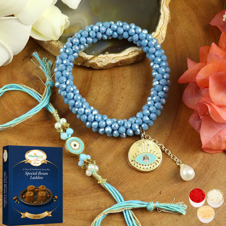 BRS25-024-Hand Woven Crystal Evil Eye Bracelet Bhaiya Bhabhi Rakhis with 200 gms of Besan Laddoo