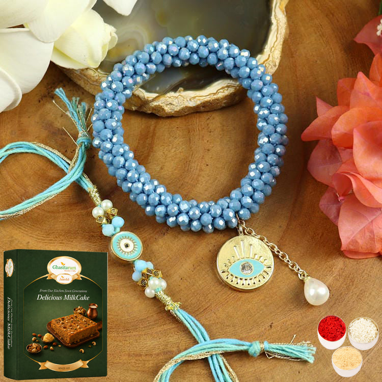 BRS25-024-Hand Woven Crystal Evil Eye Bracelet Bhaiya Bhabhi Rakhis with 200 gms of Milk Cake