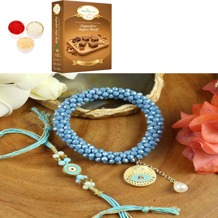 BRS25-024-Hand Woven Crystal Evil Eye Bracelet Bhaiya Bhabhi Rakhis with 200 gms of Sugarfree Anjeer Barfi