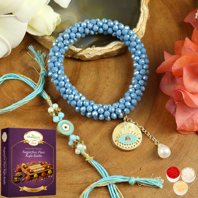 BRS25-024-Hand Woven Crystal Evil Eye Bracelet Bhaiya Bhabhi Rakhis with 200 gms of Sugarfree Kaju katli