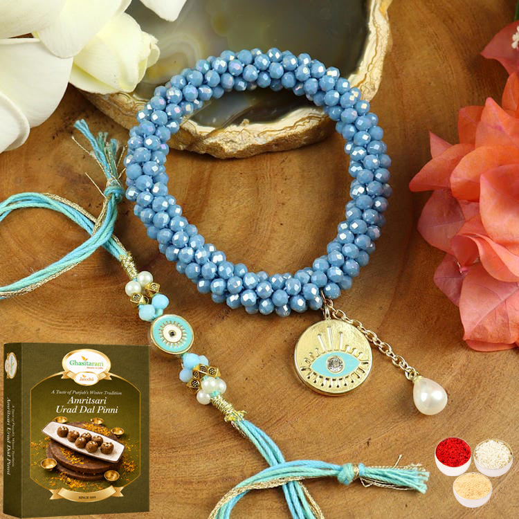 BRS25-024-Hand Woven Crystal Evil Eye Bracelet Bhaiya Bhabhi Rakhis with 200 gms of Pinni 