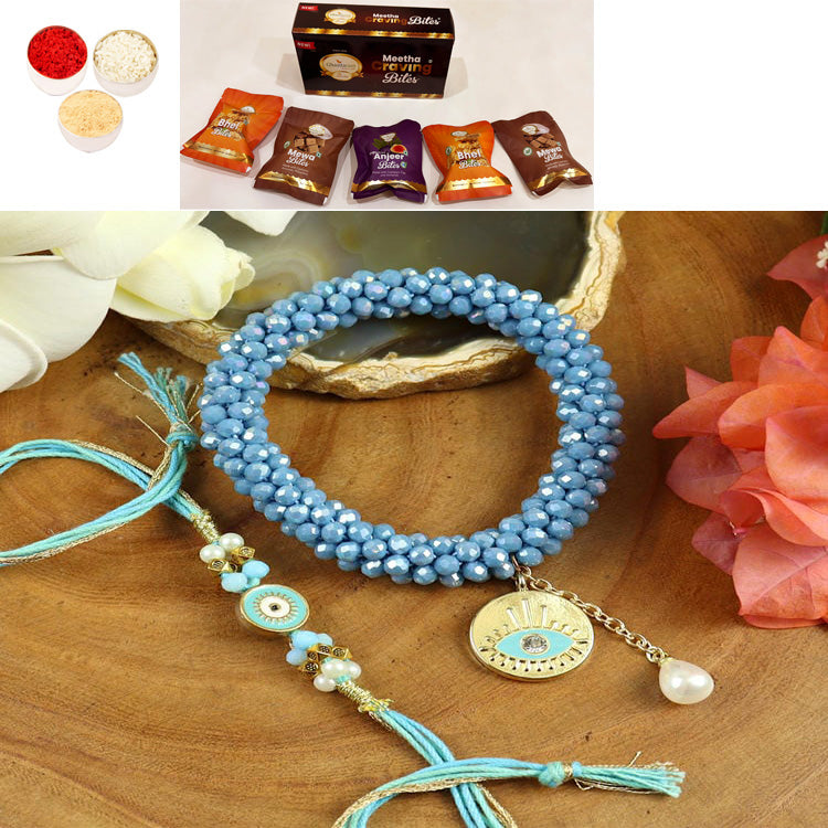 Rakhis online USA -BRS25-024-Hand Woven Crystal Evil Eye Bracelet Bhaiya Bhabhi Rakhis with Asorted bites box