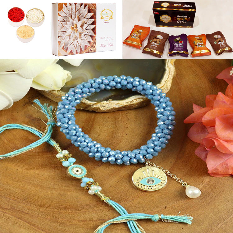 BRS25-024-Hand Woven Crystal Evil Eye Bracelet Bhaiya Bhabhi Rakhis with Asorted bites box and 200 gms of Kaju katli