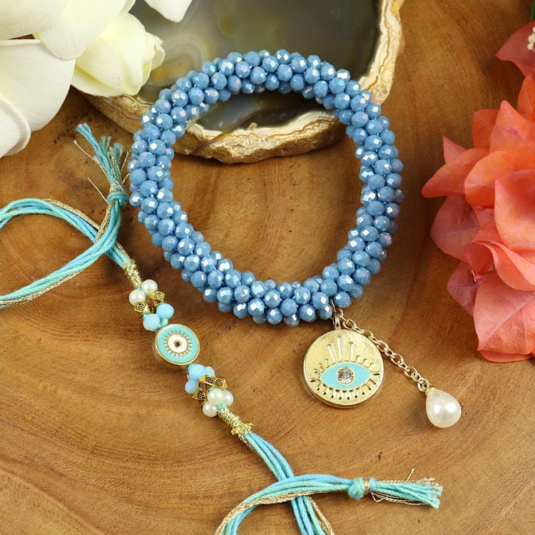 Rakhis online UK -BRS25-024-Hand Woven Crystal Evil Eye Bracelet Bhaiya Bhabhi Rakhis