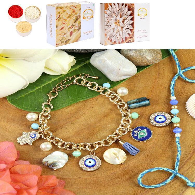 BRS25-025-Evil Eye Multi Charm With Mother of Pearl Chain Bracelet & Rakhi Set- Bhaiya Bhabhi Rakhis with 200 gms of Kaju katli and 200 gms of Soan Papdi