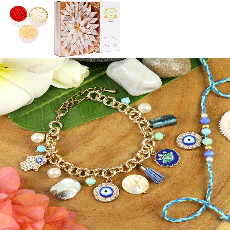 Rakhis online USA -BRS25-025-Evil Eye Multi Charm With Mother of Pearl Chain Bracelet & Rakhi Set- Bhaiya Bhabhi Rakhis with 200 gms of Kaju katli