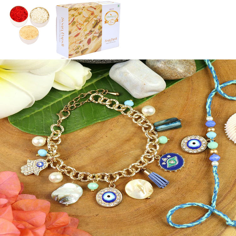 Rakhis online UK -BRS25-025-Evil Eye Multi Charm With Mother of Pearl Chain Bracelet & Rakhi Set- Bhaiya Bhabhi Rakhis with 200 gms of Soan Papdi