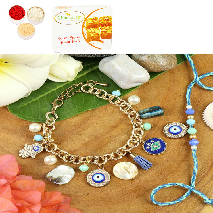 Rakhis Online Australia -BRS25-025-Evil Eye Multi Charm With Mother of Pearl Chain Bracelet & Rakhi Set- Bhaiya Bhabhi Rakhis with 200 gms of Besan Barfi