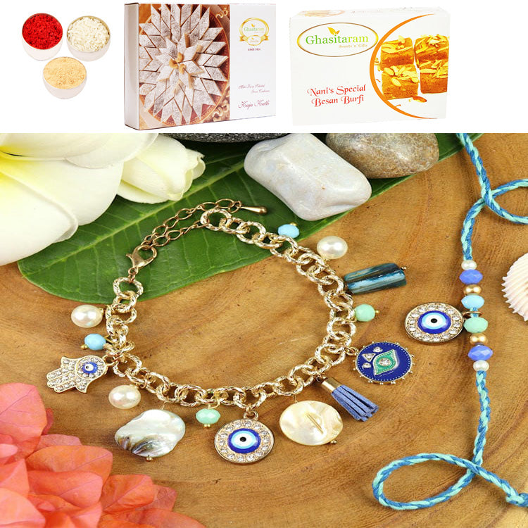 BRS25-025-Evil Eye Multi Charm With Mother of Pearl Chain Bracelet & Rakhi Set- Bhaiya Bhabhi Rakhis with 200 gms of Besan Barfi and 200 gms of Kaju Katli