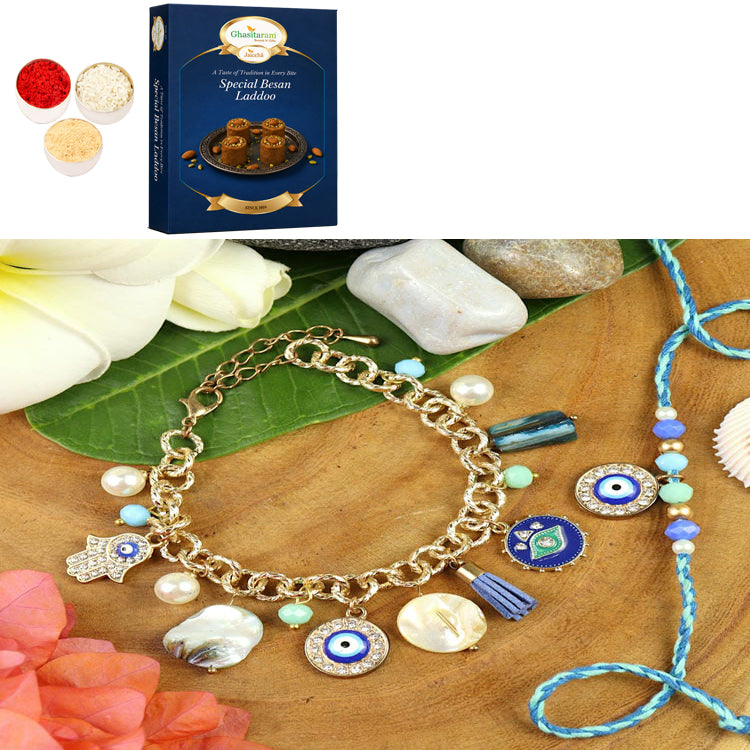 BRS25-025-Evil Eye Multi Charm With Mother of Pearl Chain Bracelet & Rakhi Set- Bhaiya Bhabhi Rakhis with 200 gms of Besan Laddoo