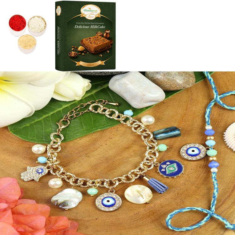 BRS25-025-Evil Eye Multi Charm With Mother of Pearl Chain Bracelet & Rakhi Set- Bhaiya Bhabhi Rakhis with 200 gms of Milk Cake