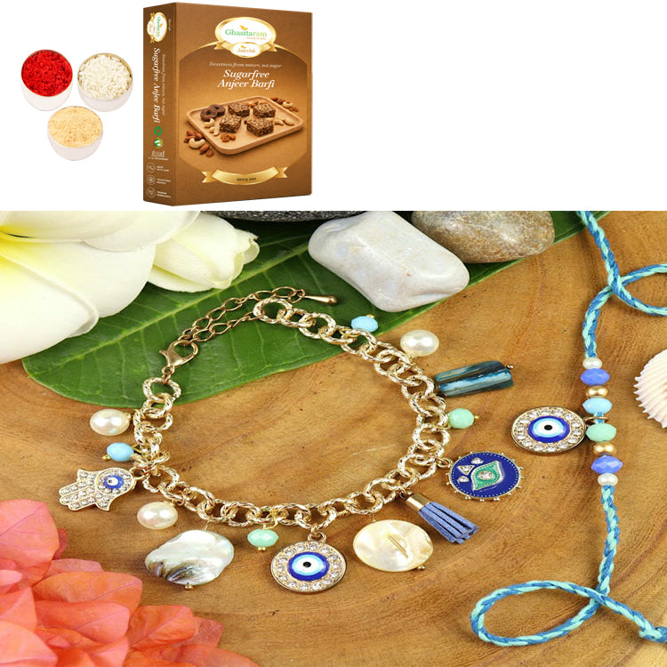 BRS25-025-Evil Eye Multi Charm With Mother of Pearl Chain Bracelet & Rakhi Set- Bhaiya Bhabhi Rakhis with 200 gms of Sugarfree Anjeer Barfi