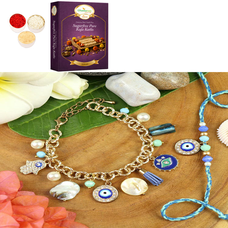 BRS25-025-Evil Eye Multi Charm With Mother of Pearl Chain Bracelet & Rakhi Set- Bhaiya Bhabhi Rakhis with 200 gms of Sugarfree Kaju katli
