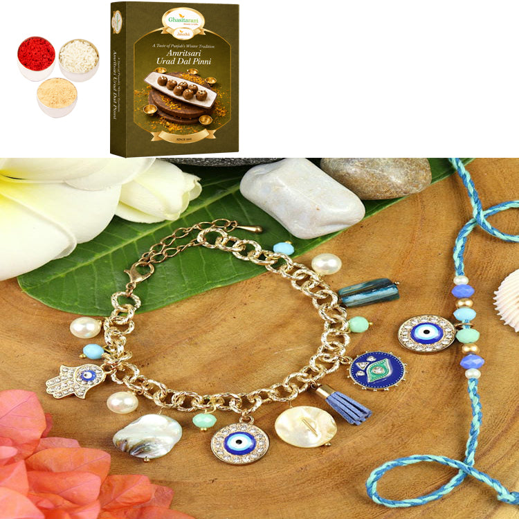 BRS25-025-Evil Eye Multi Charm With Mother of Pearl Chain Bracelet & Rakhi Set- Bhaiya Bhabhi Rakhis with 200 gms of Pinni 