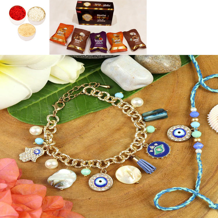 BRS25-025-Evil Eye Multi Charm With Mother of Pearl Chain Bracelet & Rakhi Set- Bhaiya Bhabhi Rakhis with Asorted bites box